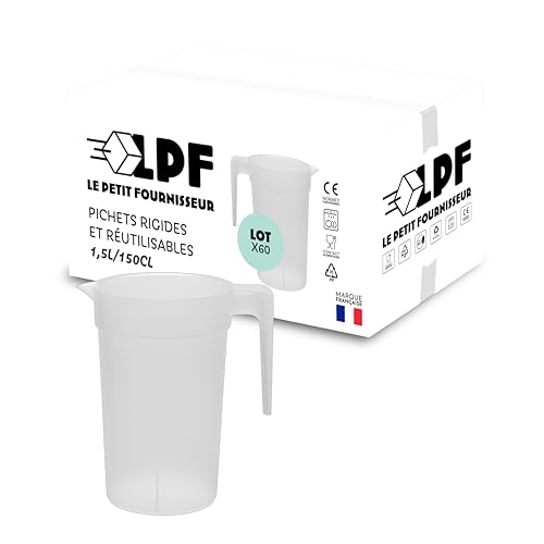 LPF LE PETIT FOURNISSEUR - Lot de 60 Pichets réutilisables 1,5 Litre - Polypropylène plastique alimentaire rigide - Carafe à eau, thé glacé, boissons -...