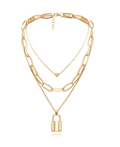 Mooinn Layered Chain Chunky Choker Necklaces for Women Punk Gold Statement Chain Necklace Lock Heart Y-Pendant