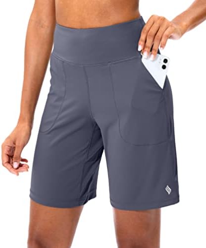 SANTINY Bermuda Shorts for Women with Zipper Pocket Womens High Waisted Long Shorts for Running Workout Athletic(Dusty Blue_M)