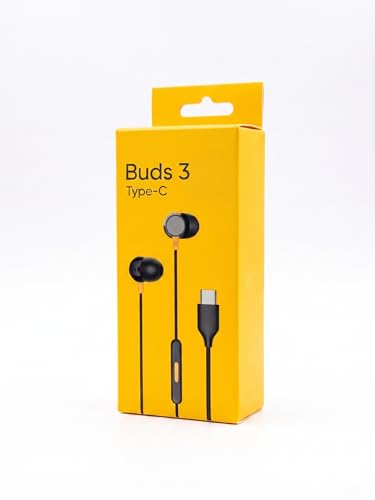 Image of [Original] Real me Buds 3 Type-C Wired Earphones - Heavy Bass In-Ear Headphones with HD Mic for Real me GT Neo 6, 12x, 11 Pro+, Narzo 60 - Tangle-Free Cable in Premium Yellow Retail Box (Black)