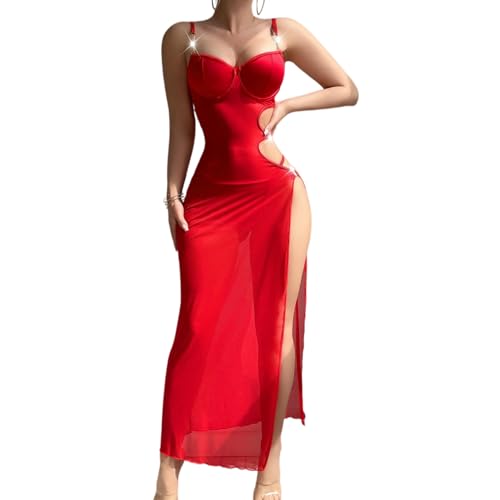 Robe longue sexy dos nu maille transparente fente côté taille chaîne métallique femme