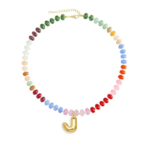 Hoifu Boho Colorful Beaded Necklace with Gold Bubble Letter A-Z Pendant Handmade Trendy Beach Initial Necklace Chain 14K Gold-Plated Natural Stone Choker Perfect Jewelry Gift for Women(Gold J)
