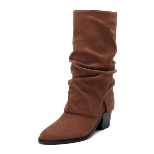 Womens Boots Mid Calf Slouchy Suede Pointed Toe Slip on Chunky Heel Short Boots Comfortable Casual Fall Winter Booties