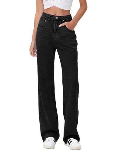 HDLTE Baggy Wide Leg Jeans for Women High Waisted Trendy Flare Jeans Boyfriend Denim Pants with Patch Pockets,Black,X-Small