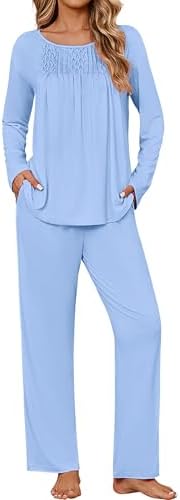 Ekouaer Womens Pajama Sets Long Sleeve Pleated Sleepwear 2025 Fall Winter Pjs Set Comfy 2 Piece Lounge Set with Pockets