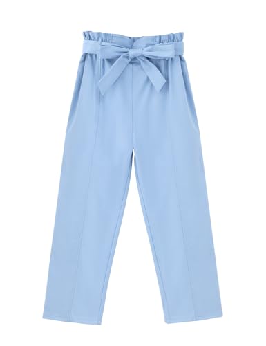 Image of GERU Girls High Waist Belted Paperbag Pants Casual Fit Elastic Tapered Trousers with Pockets 4-12 Years
