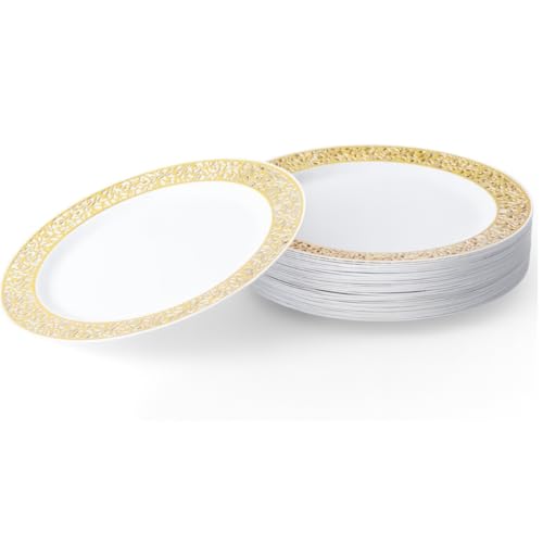 MATANA 20 Assiettes à Dessert en Plastique Blanc avec Bordure Dorée (19cm), Petites Assiettes pour Mariages, Anniversaires, Noël & Fêtes - Solide & Réutilisable