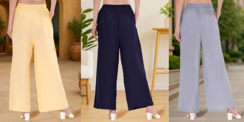 Image of Buy That Trendz Palazzo Pants for Women Rayon Elasticated Regular Fit Flared Wide Leg M to 6XL Pack of 3