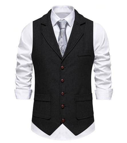 MllesReve Herringbone Tweed Mens Suit Vest V Neck Notched Lapel Wool Blend Casual Business Waistcoat4