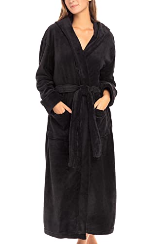 Alexander Del Rossa Women’s Robe, Plush Fleece Hooded Bathrobe With Two Large Front Pockets And Tie Closure, Black, 3X-4X #TOP21