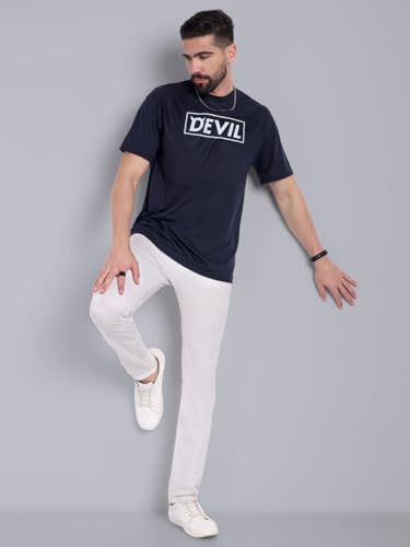 Image of Go Devil Men's Dark Blue 100% Polyester Printed T-Shirt | Half Sleeve, Regular Fit Casual Wear for Men