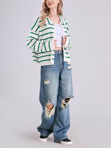 Image of chouyatou Women's Button Down Striped Cardigan Sweater Polo Collar Open Front Knit Jacket 2024 Fall Outfits