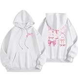 Women Pink Hoodie Cute Teen Girls Crewneck Graphic Hoodies Drawstring Pullover Sweatshirts Y2K Preppy Pocket Sweatshirt