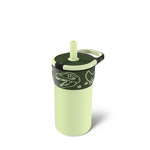 Image of BruMate Leap 12oz 100% Leakproof Kids Tumbler with Handle and Silicone Soft Straw | Drop Resistant Silicone Sleeve | For Kids 4+ | Insulated Stainless Steel | Cup Holder Friendly | 12oz (Dinos)