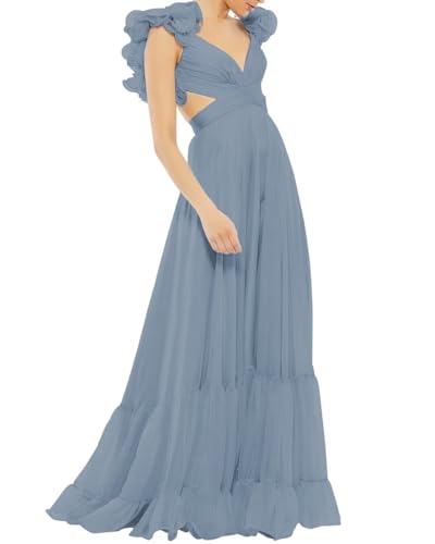 Lawrncedw Chiffon Ruffle Prom Dress for Women V Neck Long Bridesmaid Dresses Backless Formal Evening Gowns A Line