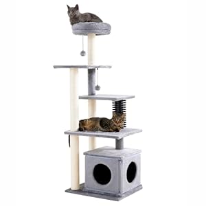 Made4Pets Cat Tree, 52.4″ Tall Cat Tower for Indoor Cats, Multi-Level Large Cat Condo with Scratching Posts and Pompoms, Plush Kitten Climbing Tower with Cat Grooming Brush and Perch, Grey