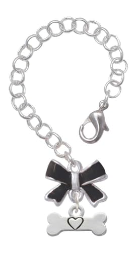Delight Jewelry Silvertone Dog Bone with Heart - Black Bow Charm Accessory for Tumblers and Thermal Cups