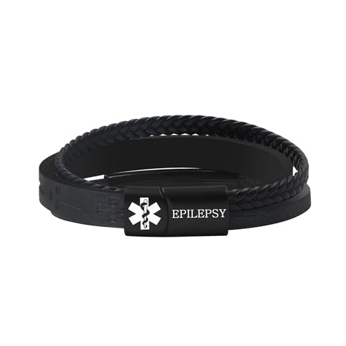 Zircobic Pulsera de Alerta Médica Epilepsia – Placa de Acero Inoxidable Grabada Láser, Cuero PU Trenzado con Cruz de Fe, Ligera y Cómoda Para Uso Diario y Exterior