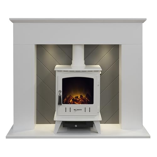 Adam Corinth Stove Fireplace in Pure White & Grey with Downlights& Aviemore Electric Stove in White, 48 Inch