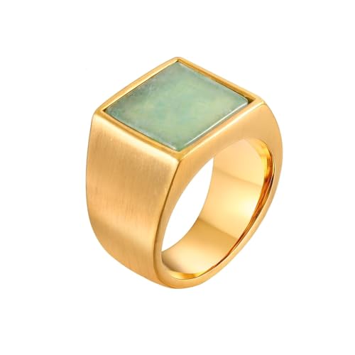 Aotiwe Ringe Männer Gold, Edelstahl Ring Herren Kleiner Finger Quadratisches Siegelring mit Grün Jade Größe 54 (17.2)