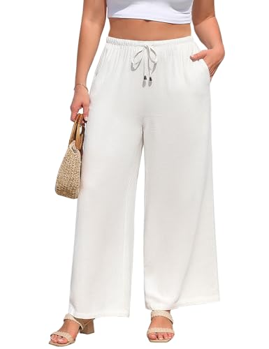 Uikue Women Plus Size Linen Palazzo Pants Summer High Waist Wide Leg Trousers Casual Boho 2026 Beach Travel Vacation Outfits(Whitee XXL)