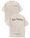 Acid Wash T-Shirt Cotton Letter Los Angeles Graphic Tees Unisex Short Sleeves Casual Shirt for Women & Men Apricot