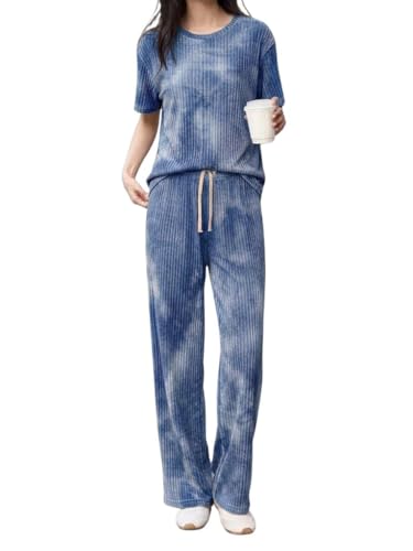 Image of SMOWKLY Korean Night Dress |Summer wear | Lounge Wear |Everyday Pyjama Set |Tie-dye Relaxed Fit Stylish Pajama Sets | Short Sleeve Top & Long Pant Sleepwear Pjs Lounge Set Co-ords Outfit with Pockets