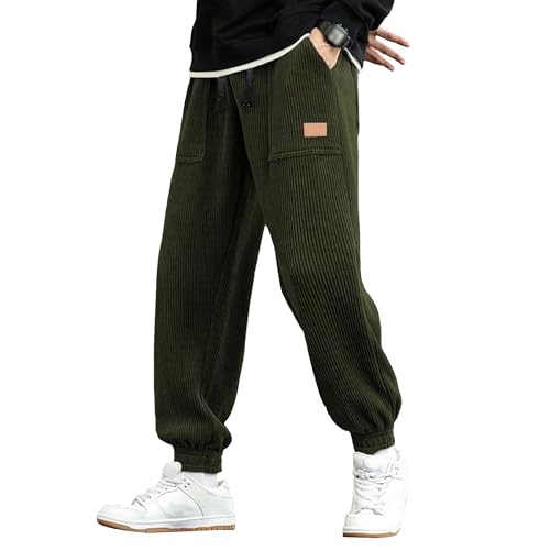 Men's Corduroy Pants Elastic Waist Drawstring Tapered Sweatpants Casual Loose Fit Cargo Work Pants
