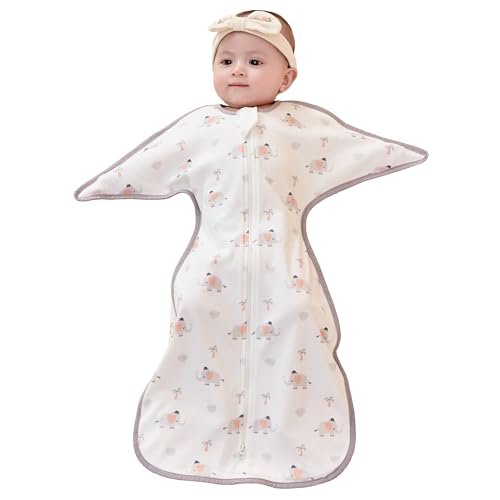 Image of ZIGJOY Shark-Fin Transition Swaddle - 1.0 Tog Baby Sleep Sack 0-3 Months 100% Cotton Lightweight Transitional Baby Wearable Blanket with 2-Way Zipper for All Seasons, Pink Elephant, S