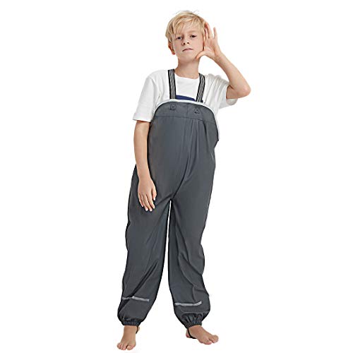 Kids Waterproof Rain Pants Dirty Proof Suspender Trousers for Boys and Girls Grey XL (for 7-8Y)