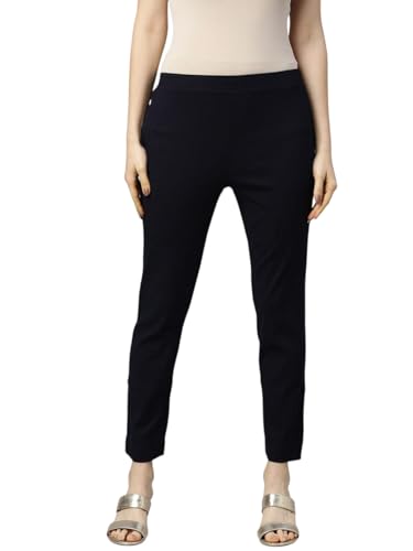 Image of MINELLI Women Solid Cigar Pants, Cotton Lycra Slub Fabric, Elasticated Waistband, Pull On Style, Regular Fit Bottom Wear for Western and Ethnic Wear