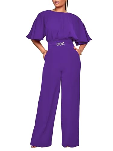 acelyn Elegant Jumpsuit for Women Dressy Sexy Plus Size Wide Leg Pant Suit One Piece Party Outfits Purple XL
