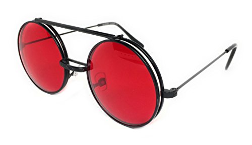 WebDeals - Round Flip Up Steampunk Flip-Up Metal Django Sunglasses (Black, Red)