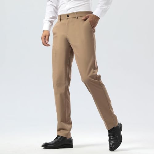 Image of Plaid&Plain Men's Slim Fit Dress Pants Stretch Khaki Pants Wrinkle Free