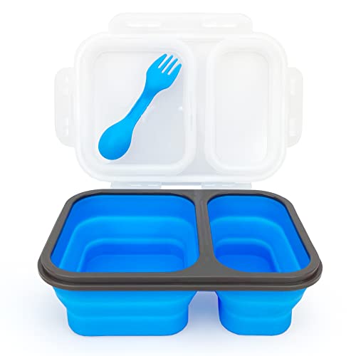 Lunbengo 2 Compartments Collapsible Airtight Bento Box with Ideal Portion 600ml & 450ml and 2 in 1 Spoon & Fork, Food Grade Silicone Lunch Container for School Work Travel, Microwave Safe