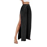 GOFULY Linen Beach Pants for Women High Waisted Flowy Straight Leg Side Slit Ankle Summer Pants for Women Trendy Drawstring Elastic Waist Summer Cool Trousers Black XXL