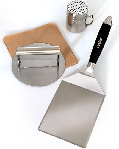 Braize Smash Burger Press Kit – 6.5 Inch Stainless Steel Hamburger Smasher Tool – Heavy Duty Grill Press for Flat Top Griddles and Cast Iron Pans – Perfect for Crispy Smashed Burger Patty – Shaker Set