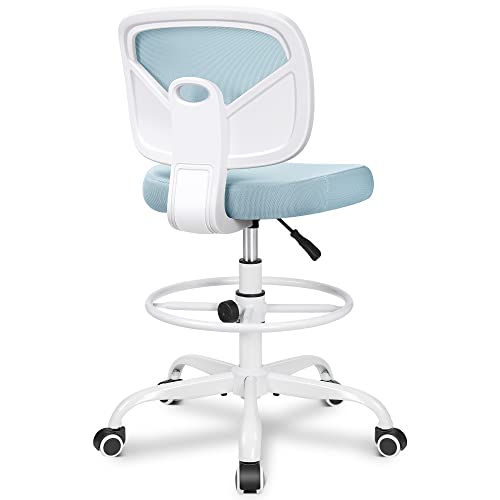 Image of Primy Tall Drafting Desk Chair - Armless, Adjustable Height, Mesh Back, Rolling, Standing Desk Chair for Art Room, Office or Home (Light Blue)