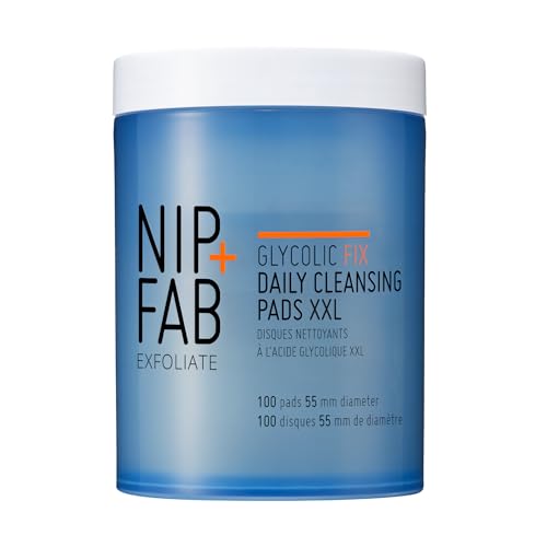 Nip + Fab Glycolic Fix Daily Cleansing Pads XXL – 3% Glycolic Acid AHA Exfoliating Facial Wipes with Hyaluronic Acid for Resurfacing, Brightening & Smoothing, 100 Pads