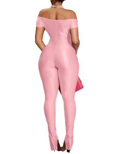Sexy 2 Piece Outfits for Women Short Sleeve Tops Bodycon Flared Pant Summer Party Sets Heather Pink XL