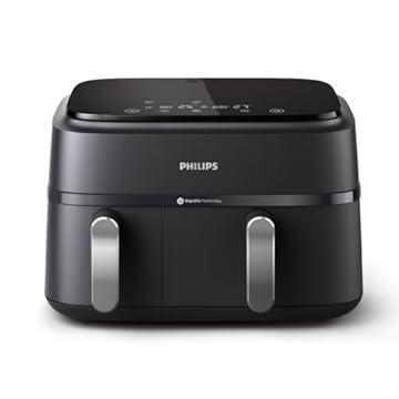 Philips Dual Basket Air Fryer série 3000 — funções 8 em 1, 9,5 litros, 2 gavetas, tempo de cozimento de sincronização automática, 90% menos gordura, tecnologia de ar rápido, aplicativo de receitas