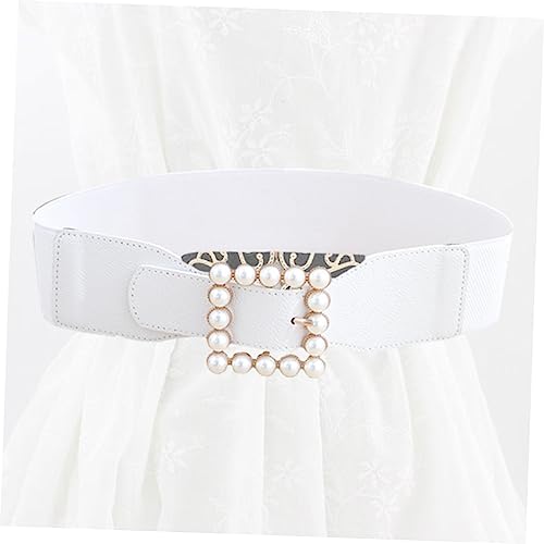 Pearl Waistband Cummerbund with Elastic Band and Fashionable Square Buckle for Women Decorative Skirt Ornament Belt in White Alloy Material Stylish Accessory for Dresses Jeans and4