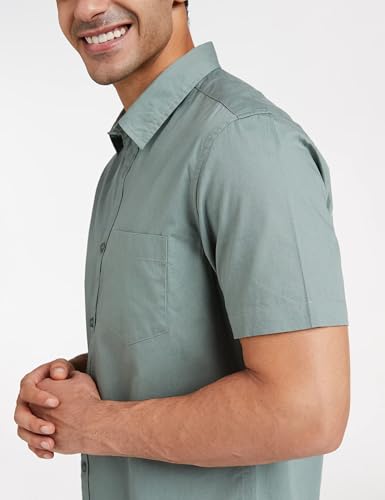 Image of Amazon Brand - Symbol Men's Cotton Shirt | Casual | Plain | Half Sleeve - Regular Fit (Available in Plus Size) (White + Granite Green S) (Combo Pack of 2)