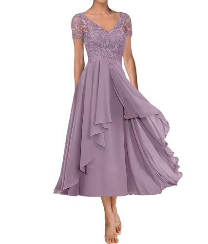 Tea Length Cap Sleeve Chiffon Mother of The Bride Dresses for Wedding V Neck Applique Formal Evening Gown for Women