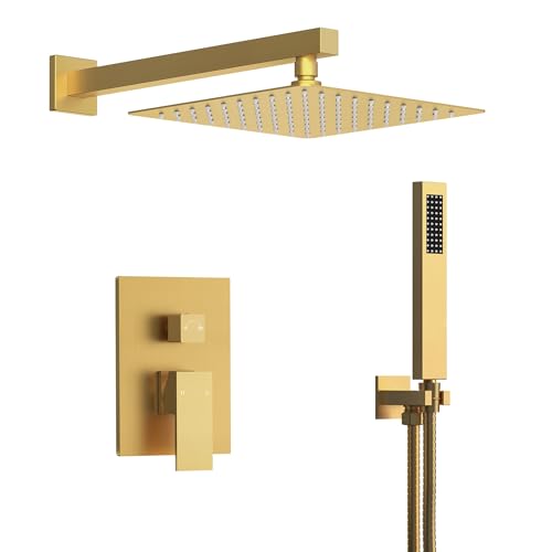 EVERSTEIN 10 High-Pressure Rainfall Shower System with Handheld Spray Wall Mount Bathroom Shower Faucet Set with Valve (Brushed Gold)