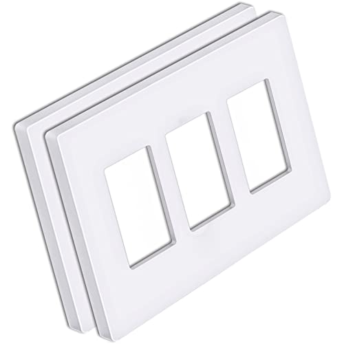 [2 Pack] Bestten 3-Gang Modern Designer Mid Size Screwless Wall Plate, Uswp6 Gloss Snow White Series, Unbreakable Midway Outlet Cover, Impact Resistant Switch Plate, H4.88” X W6.74” #TOP10