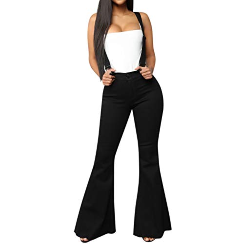 DEATU Women High Waist Jeans Button Strap Pants Bell-Bottom Trousers Soft Comfy Stretchy Suspender Casual Flared Pants(X-Large,Black)