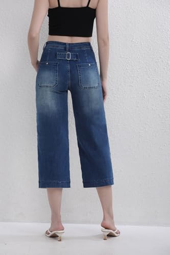 Women's High Waisted Wide Leg Capri Jeans Stretchy Denim Cropped Pants with Utility Pockets Comfort Fit4