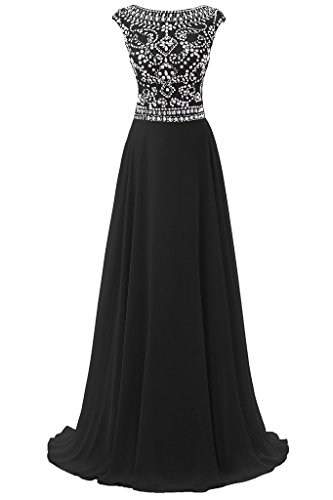 Women's Long Chiffon Bridesmaid Dress Cap Sleeves Beaded Prom Eveing Gown Black US 24Plus