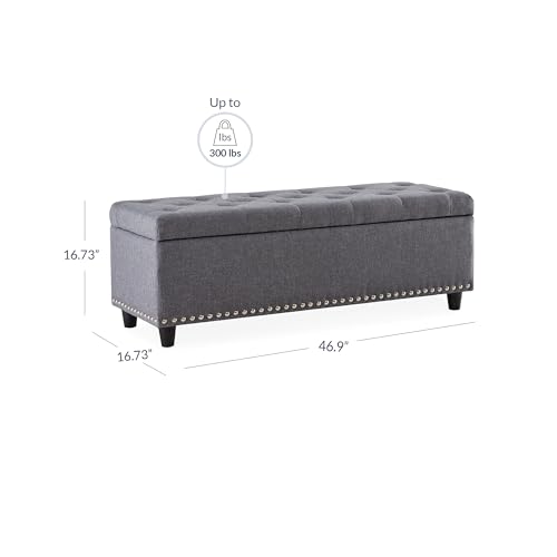 BELLEZE 47" Storage Ottoman, Storage Bench with Safety Close Hinge, Linen Button-Tufted Ottoman for Living Room, Entryway, Hallway, Foot Rest, Support 300lbs - Gray